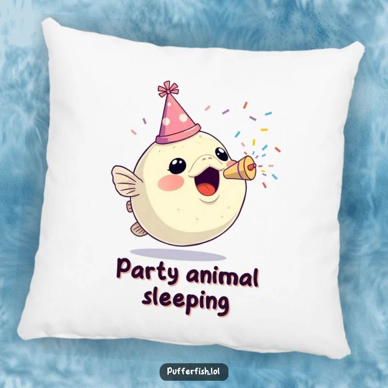 Funny, soft pillow featuring a cute pufferfish in a party hat, joyfully launching confetti from a popper, offering comfort and cheer.