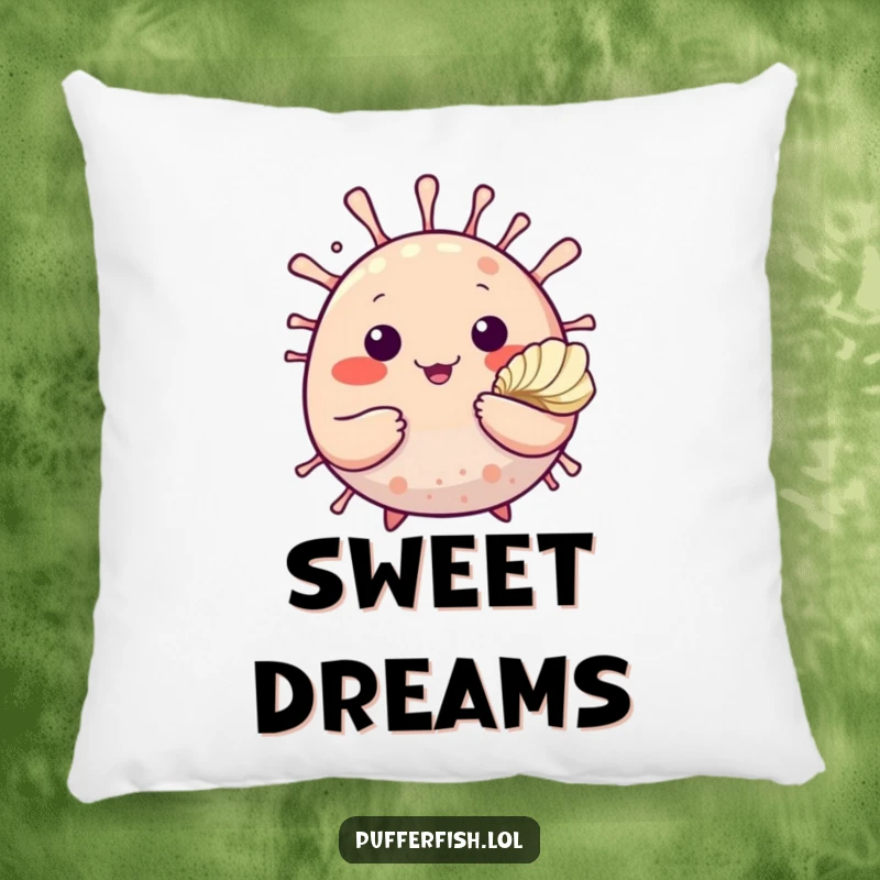 Funny pillow featuring a cute, round pufferfish waving a friendly hello and presenting a seashell, perfect for a cozy, cheerful nook.