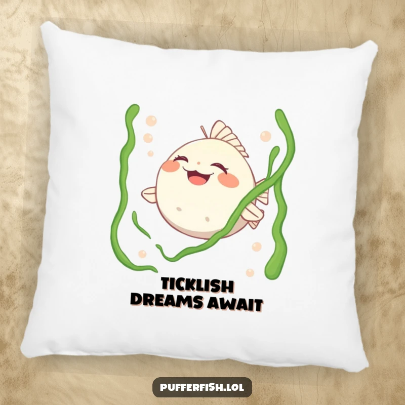 Funny pillow featuring a pufferfish character laughing heartily while being tickled by seaweed, a soft and humorous decorative accent.