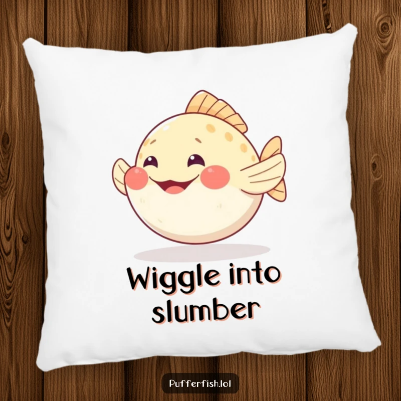 Funny pufferfish pillow wiggling fins with a wide, happy grin, offering soft comfort and cheerful vibes.