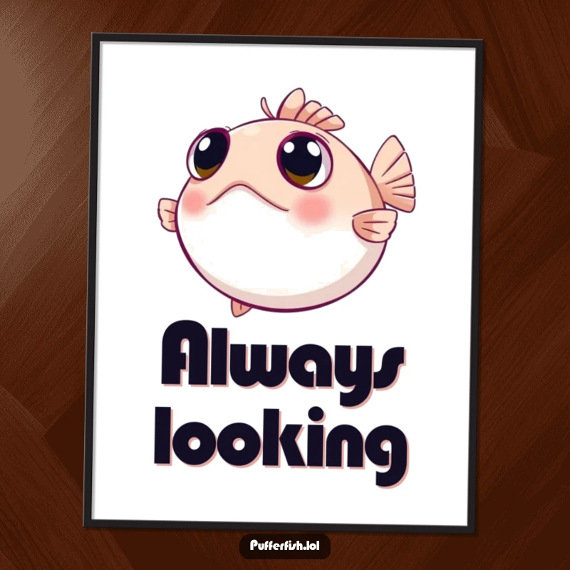 Funny pufferfish digital art with wide, curious eyes looking around, a charming and humorous graphic for instant download.