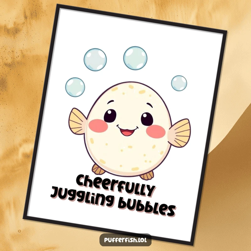 Funny digital art print of a cute pufferfish character gleefully juggling three tiny bubbles with a wide, cheerful grin, expressing pure playful happiness.