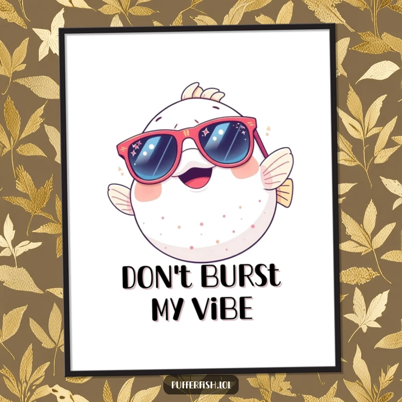 Funny digital art print: a pufferfish giggling uncontrollably while wearing large, sparkly sunglasses, ready to be printed and displayed.