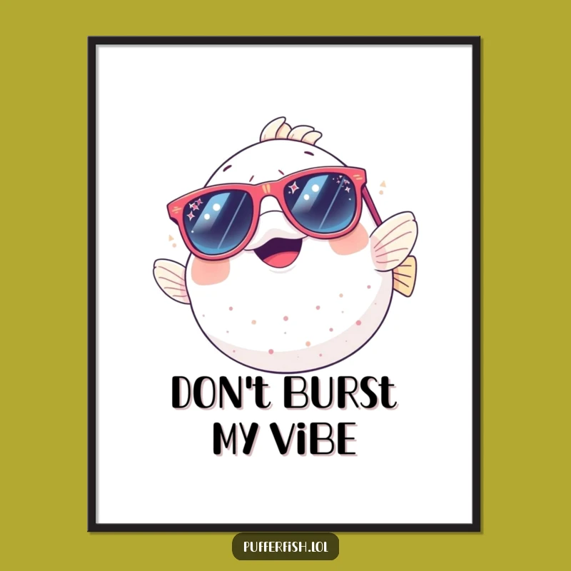 Funny Pufferfish Digital Art: Giggling Pufferfish in Sparkly Sunglasses Print
