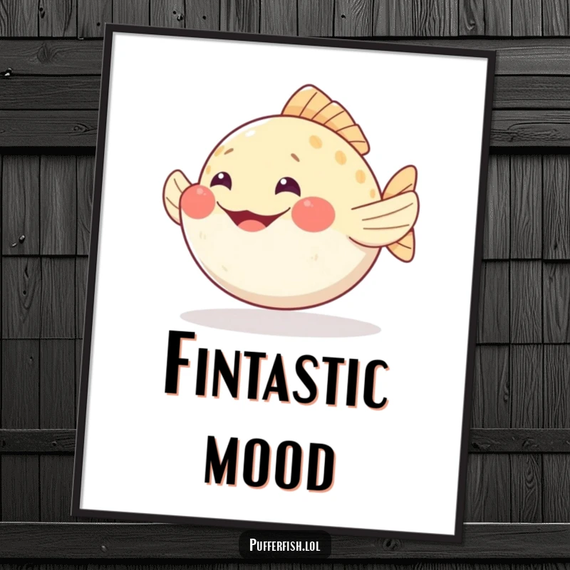 Funny pufferfish digital art wiggling fins with a wide, happy grin, a cheerful and humorous graphic for instant download.
