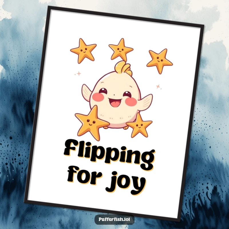 Funny Puffy Fish Digital Print: A vibrant depiction of a smiling fish juggling three starfish, offering instant humorous art.