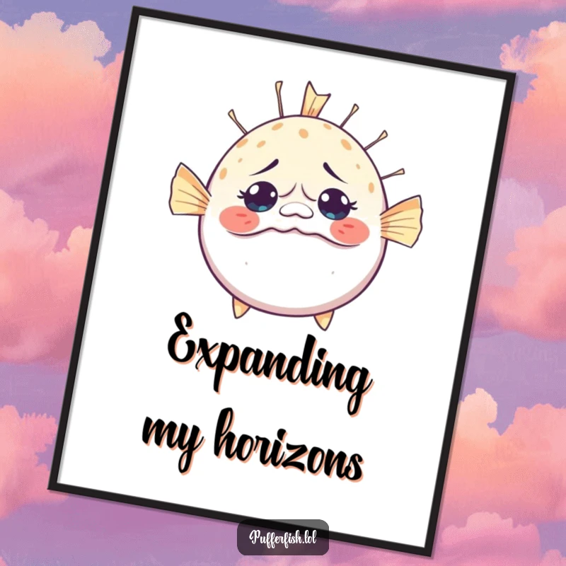 Funny Bewildered Pufferfish Digital Art: Printable art of a pufferfish hilariously inflating with a comical look of pure surprise.
