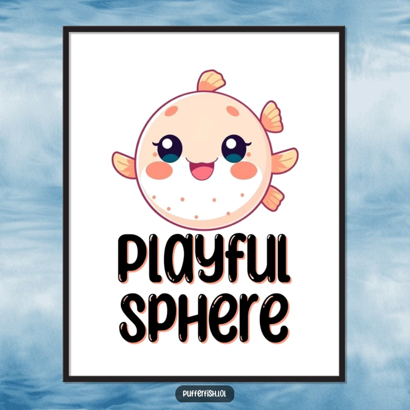 Funny digital art print of a round pufferfish character bouncing like a ball, ideal for wall decor and bringing playful humor indoors.
