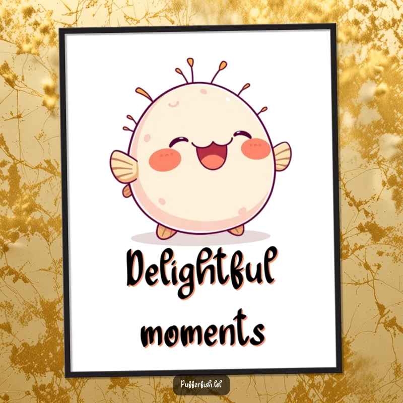 Funny digital art print of a chubby pufferfish bobbing up and down with a wonderfully delighted expression, radiating pure happiness.