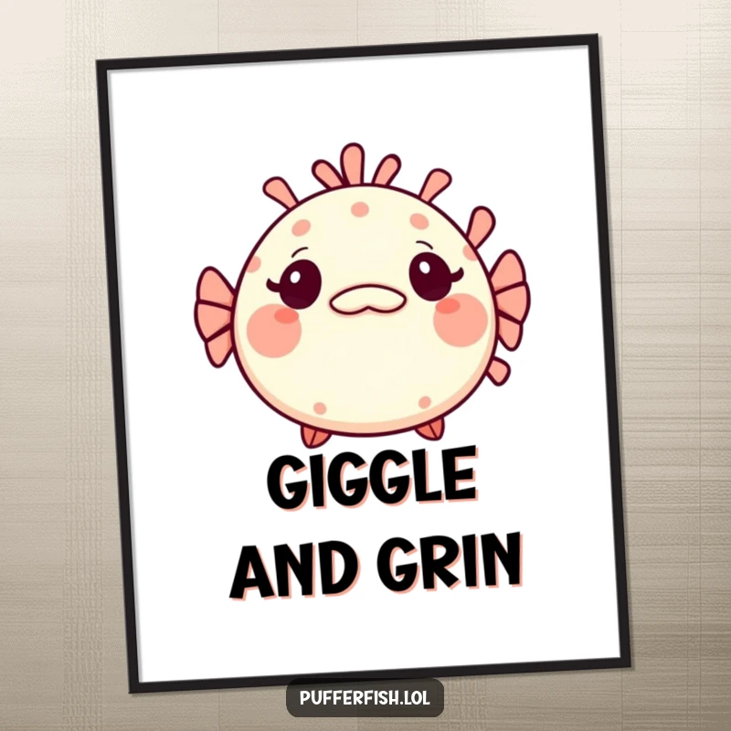 Funny Kawaii pufferfish digital art print, a cute fish looking surprised with a tiny, mischievous grin, creating a humorous and intriguing display.