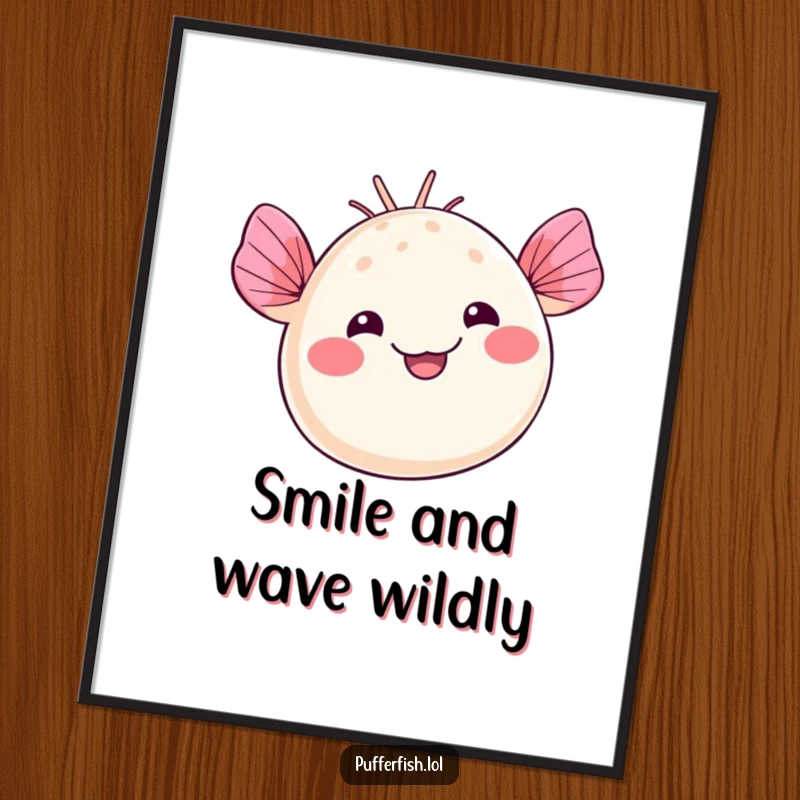 Funny kawaii pufferfish digital art print, waving its fins with a silly smile, full of cute charm, an instant funny gift.