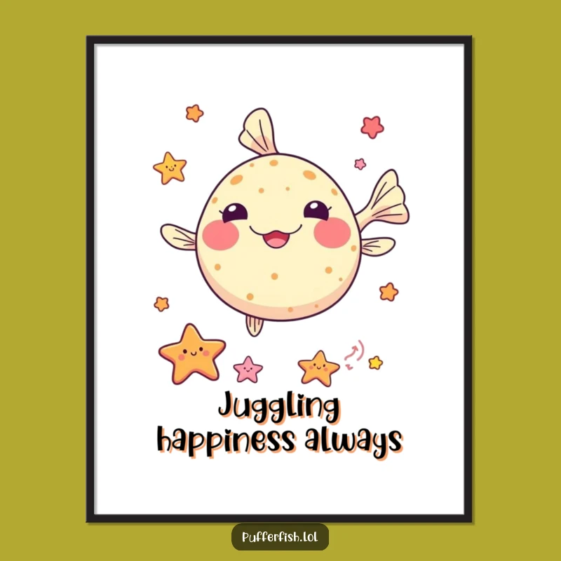 Funny Kawaii Pufferfish Juggling Digital Art - Talented Ocean Print, Perfect Cute Decor!