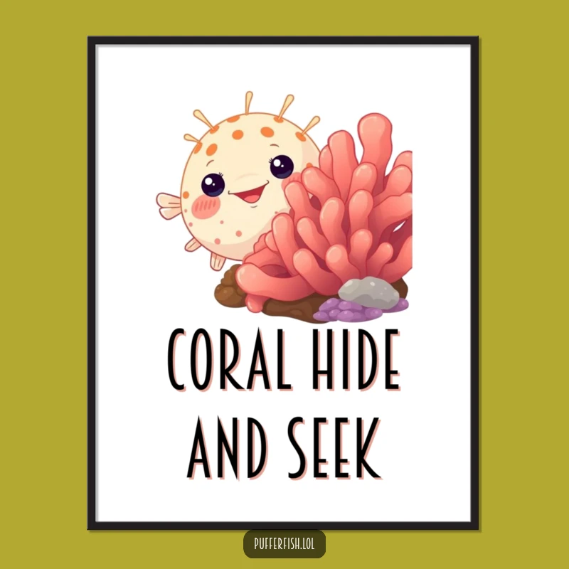 Funny Peek-a-Boo Pufferfish Digital Art: Coral Hiding Print, Instant Funny Decor Gift