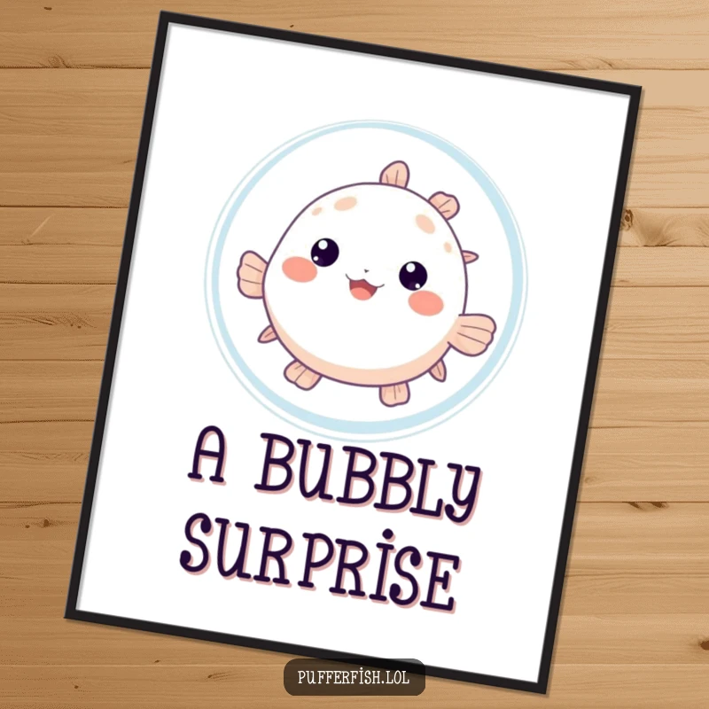 Funny Pufferfish Bubble Digital Art Print: A cute pufferfish peeks from behind a large bubble, ready to be printed and framed.