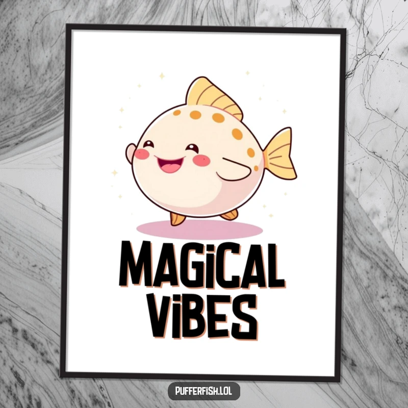 Funny digital art print of a happy pufferfish dancing joyfully, surrounded by a dazzling explosion of vibrant sparkles.