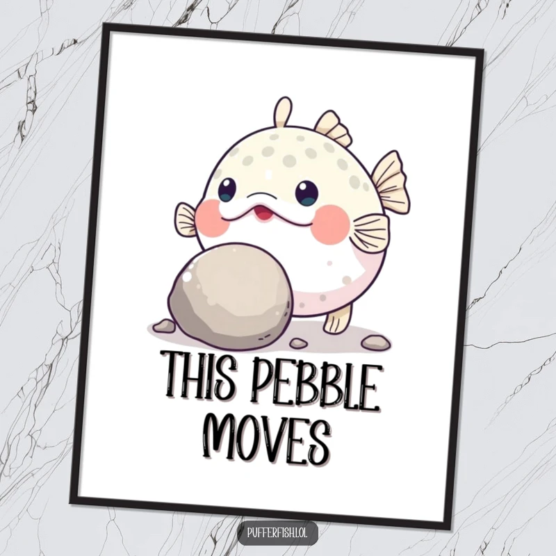 Funny Pufferfish Grit Digital Art Print: A high-resolution graphic of a determined pufferfish humorously pushing a large, round pebble with its nose.