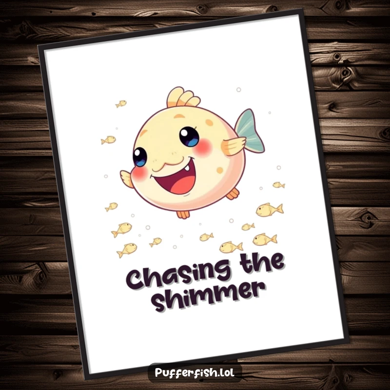 Funny Pufferfish Joy Digital Art Print: A high-resolution graphic of a happy pufferfish joyfully chasing a school of tiny, shimmering fish.