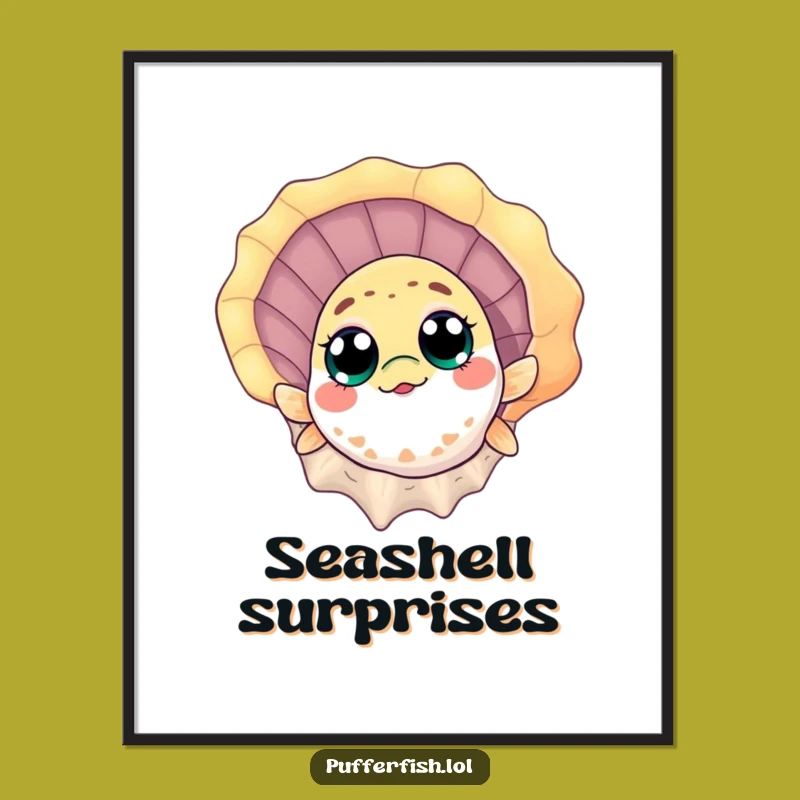 Funny Pufferfish Seashell Print: Hilarious Digital Art for Ocean Spaces