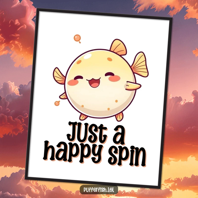 Funny Pufferfish Spinning Digital Art Print: A cute pufferfish playfully spins in a circle, ready to be printed and framed.