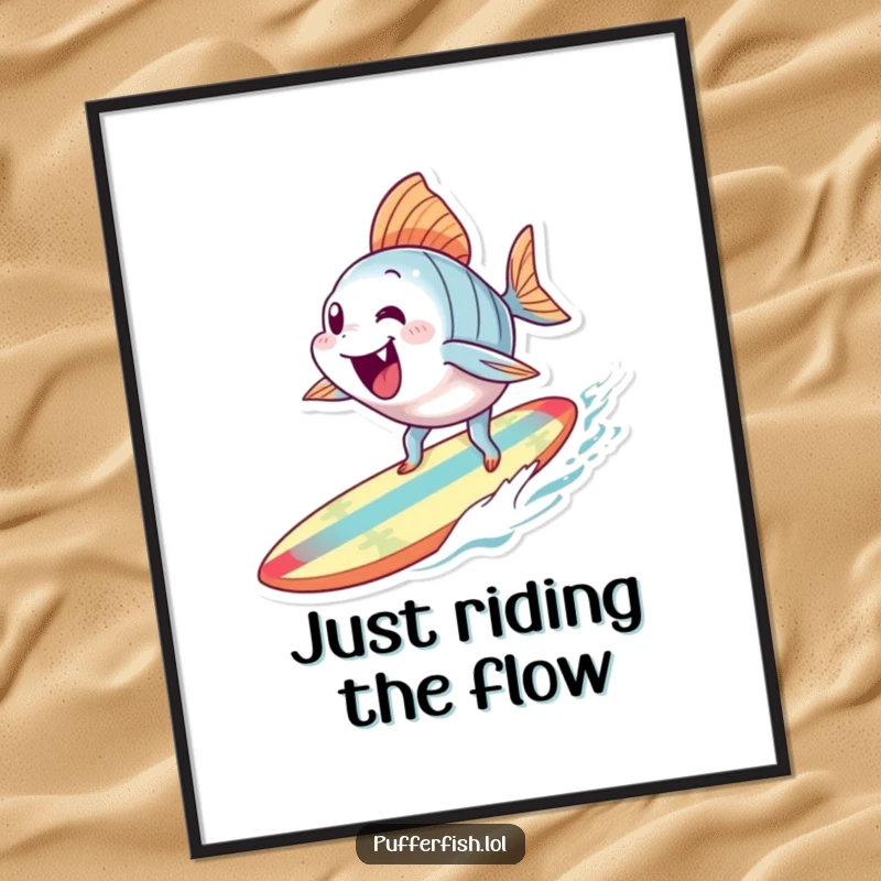 Funny Surfing Fish Digital Art: A printable illustration of an excited fish character surfing on a tiny, colorful surfboard, full of energy.