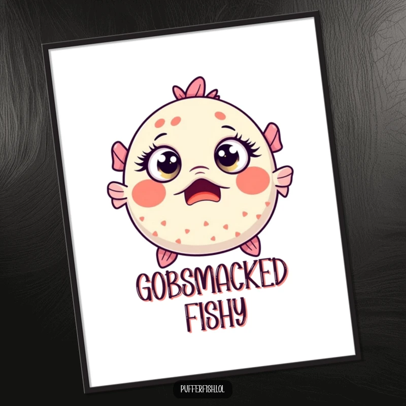 Funny Kawaii pufferfish with comically wide eyes and a surprised expression, available as a high-resolution digital art print.