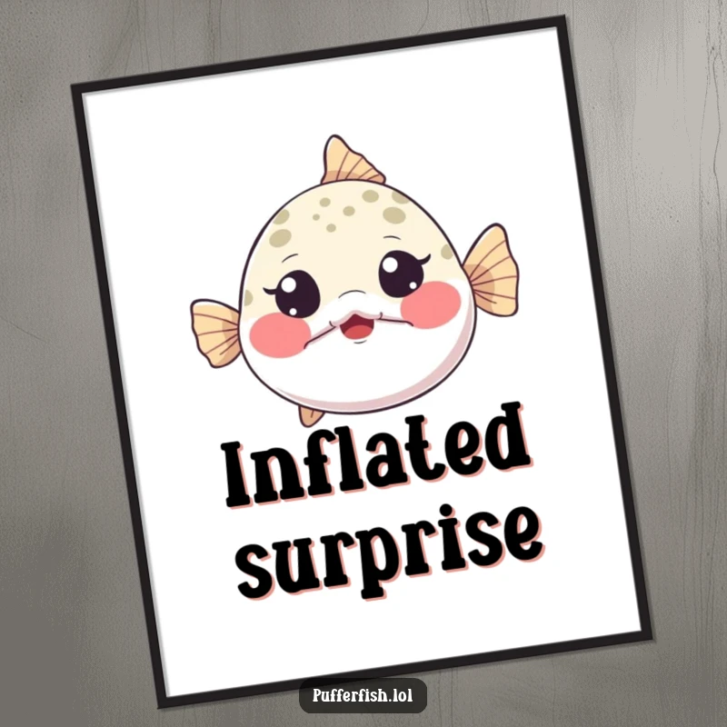 Funny Digital Art Print of a tiny pufferfish inflating dramatically, cheeks puffed, eyes wide with playful surprise, for decor.