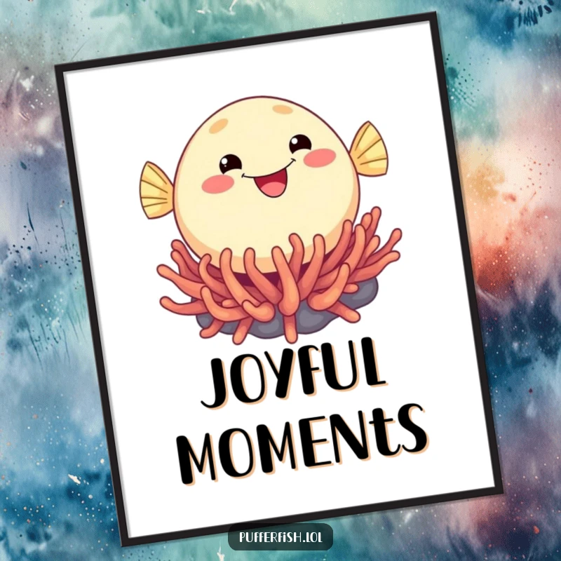 Funny digital art print of a round, beaming pufferfish joyfully bouncing on a sea anemone, radiating pure aquatic happiness.