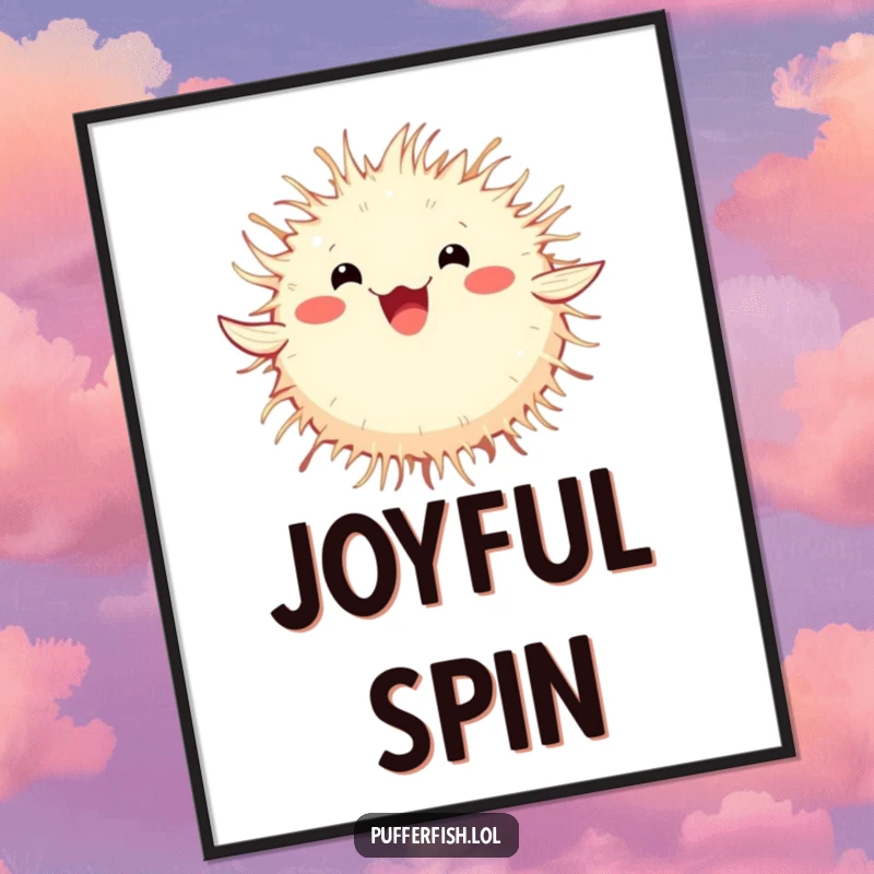 Funny Digital Pufferfish Art Print showing a fluffy pufferfish in a joyful spin, ready to bring happiness to any digital display or print.