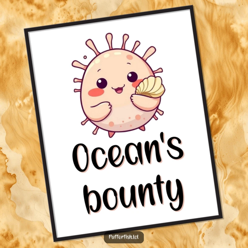 Funny digital art print of a cute pufferfish waving hello and offering a seashell, embodying seaside kindness and charm.