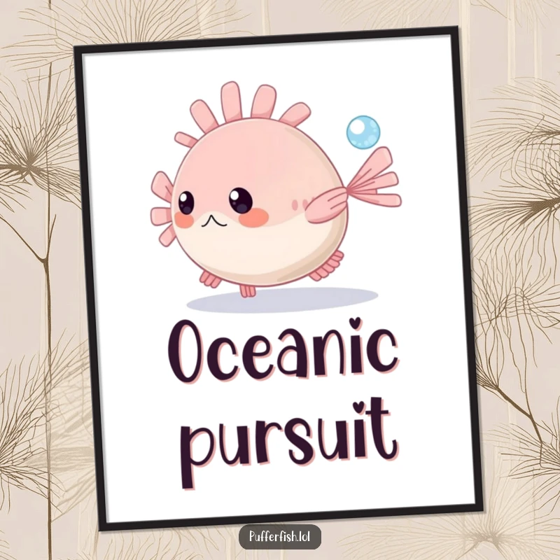 Funny Pufferfish Digital Art: A delightful pufferfish joyfully chases a tiny sparkling bubble in the vast clear blue sea, a humorous scene.