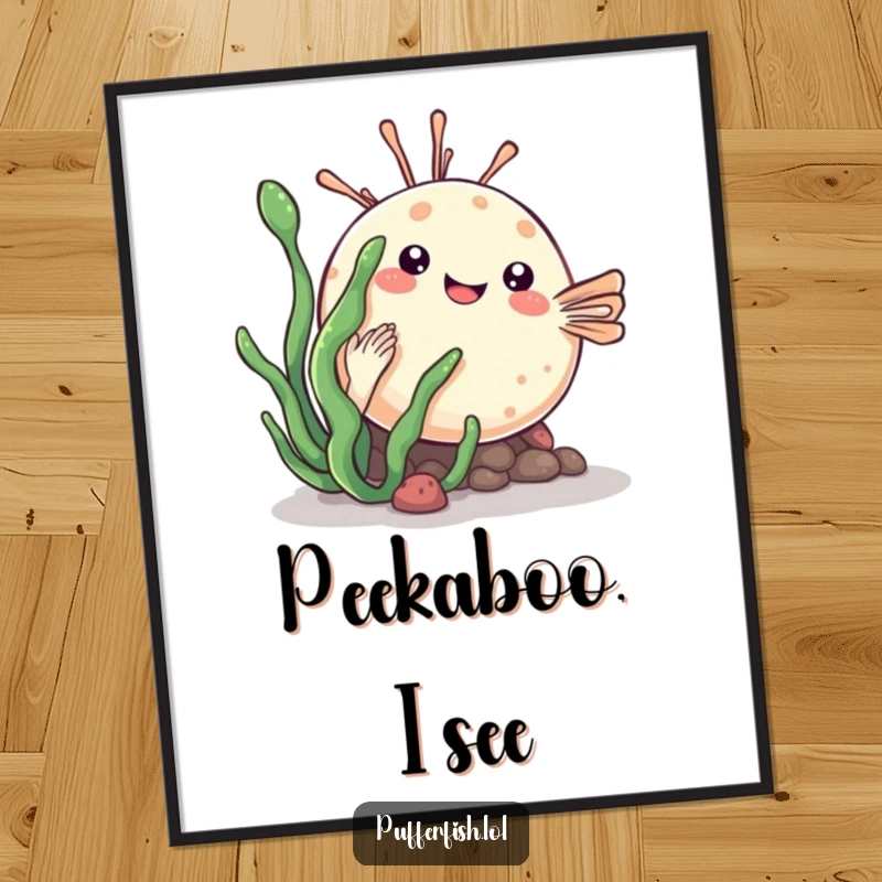 Funny kawaii pufferfish digital art playfully hiding behind a sea plant, a cute and charming graphic for instant download.