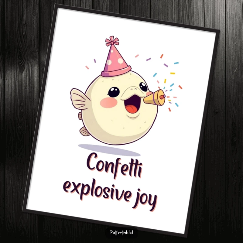 Funny digital art print of an excited pufferfish in a party hat, joyfully firing a confetti popper, ideal for instant festive decor.