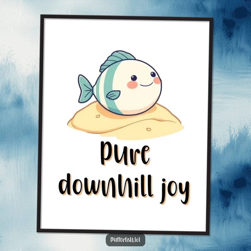 Funny digital art print of a very round fish character experiencing pure glee while rolling down a sandy hill, instant humorous wall decor.