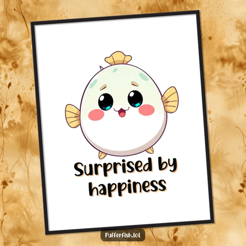 Funny kawaii pufferfish digital art print, inflating with a surprised happy expression, perfect for cute ocean-themed decor.