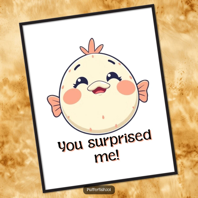 Funny kawaii pufferfish surprise digital art print of a round face with wide eyes and an open mouth in a hilarious shocked expression.
