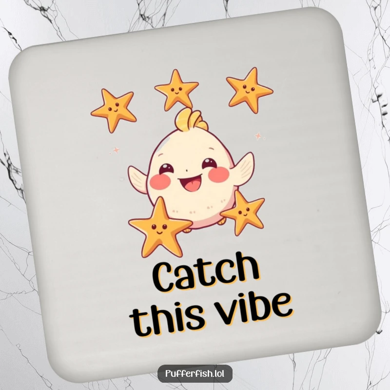 Funny Puffy Fish Coaster: A grinning fish juggles starfish, adding a humorous and protective element to drink service.