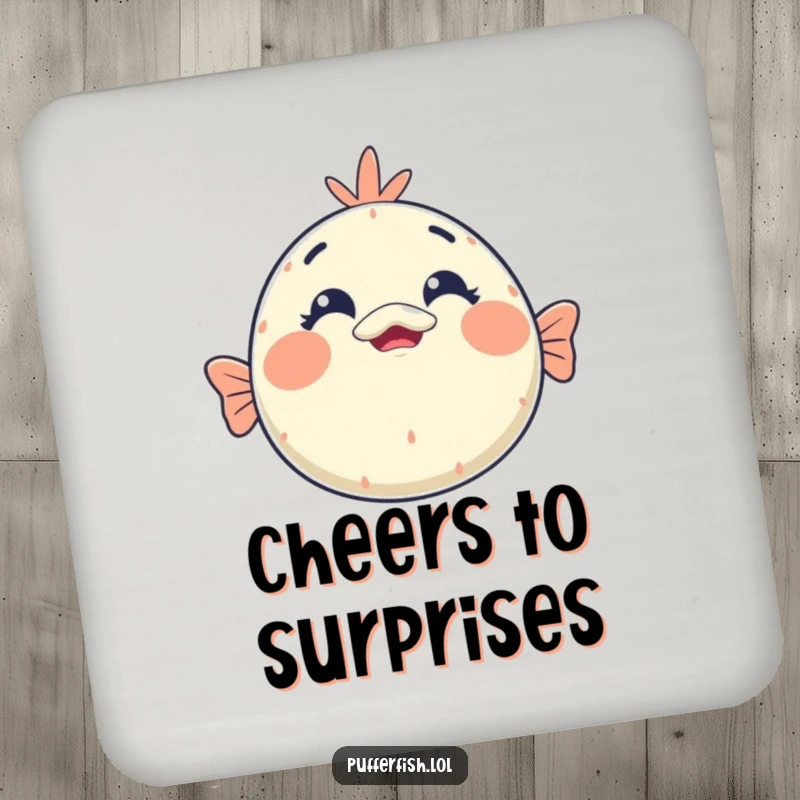 Funny kawaii pufferfish surprise drink coaster featuring a round face with comically wide eyes and an open mouth in a shocked expression.