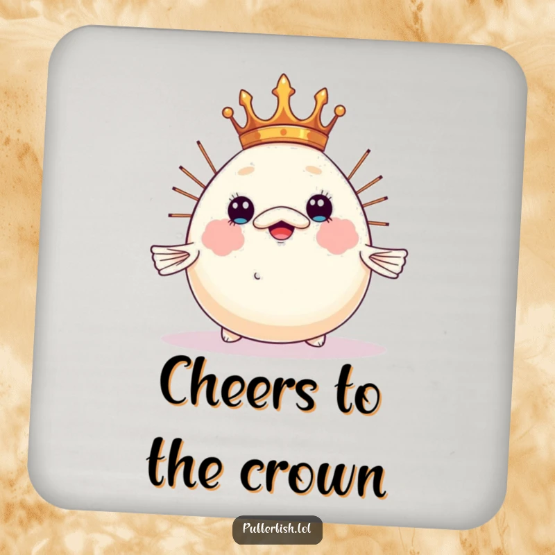 Funny pufferfish coaster, humorously balancing a tiny crown on its inflated head, a regal and amusing table protector.