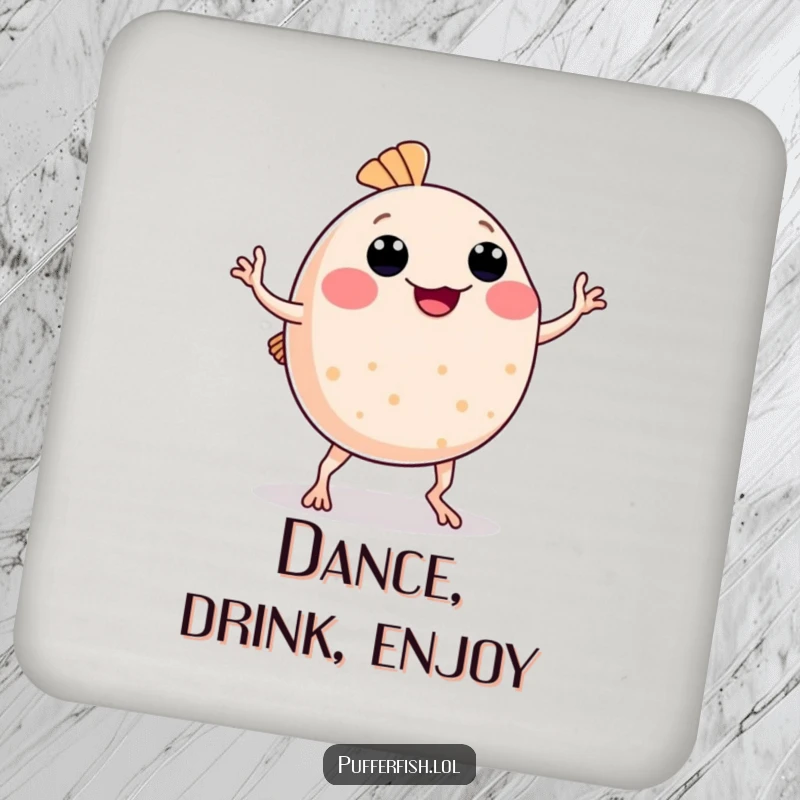 Funny Pufferfish Coaster: A coaster featuring a pufferfish comically dancing with wobbly arms and legs, perfect for protecting surfaces humorously.