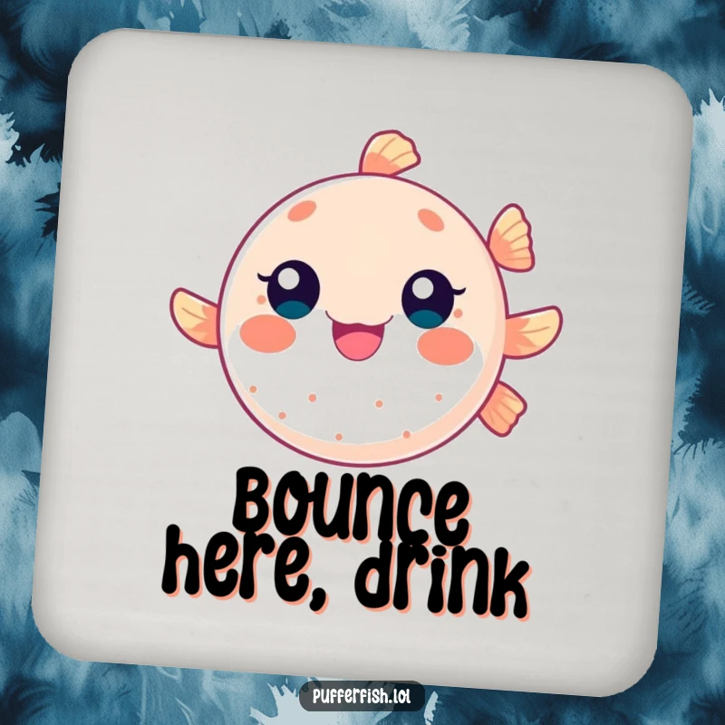 Funny drink coaster with a round pufferfish character bouncing like a ball, offering surface protection with a playful and humorous design.