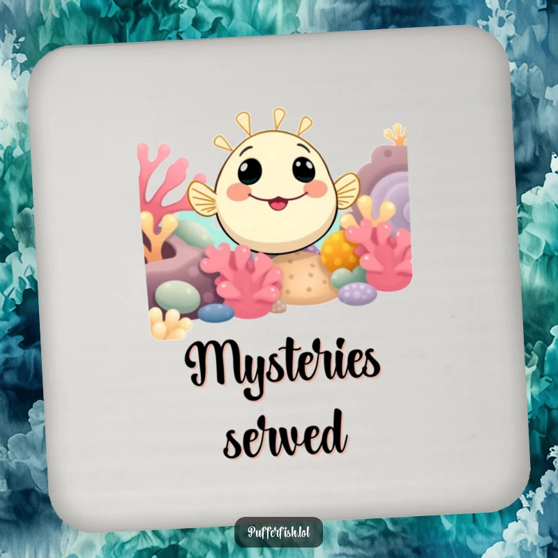 Funny Pufferfish Coaster showing a smiling pufferfish curiously peeking from a coral reef, offering protection with a playful touch.