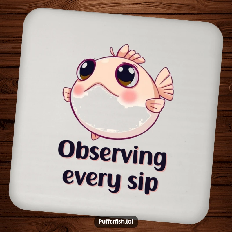 Funny pufferfish drink coaster with wide, curious eyes looking around, offering charming protection with a curious vibe.