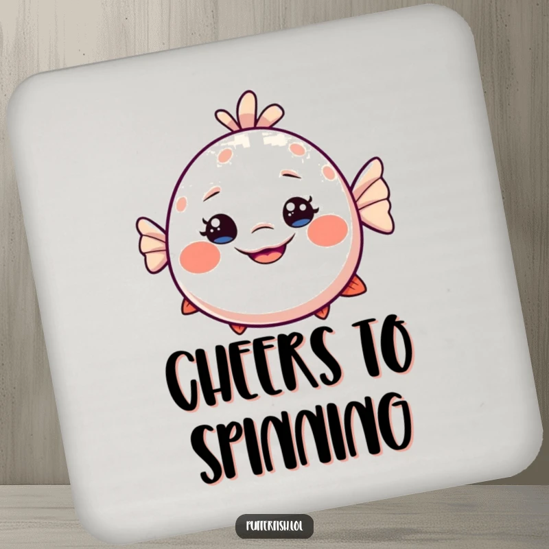 Funny Dizzy Pufferfish Drink Coaster: A protective coaster featuring a slightly dizzy pufferfish with a huge, exaggerated smile, adding goofy fun.
