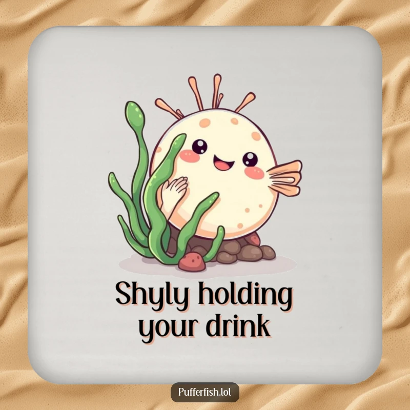 Funny kawaii pufferfish drink coaster playfully hiding behind a sea plant, offering charming protection for surfaces.