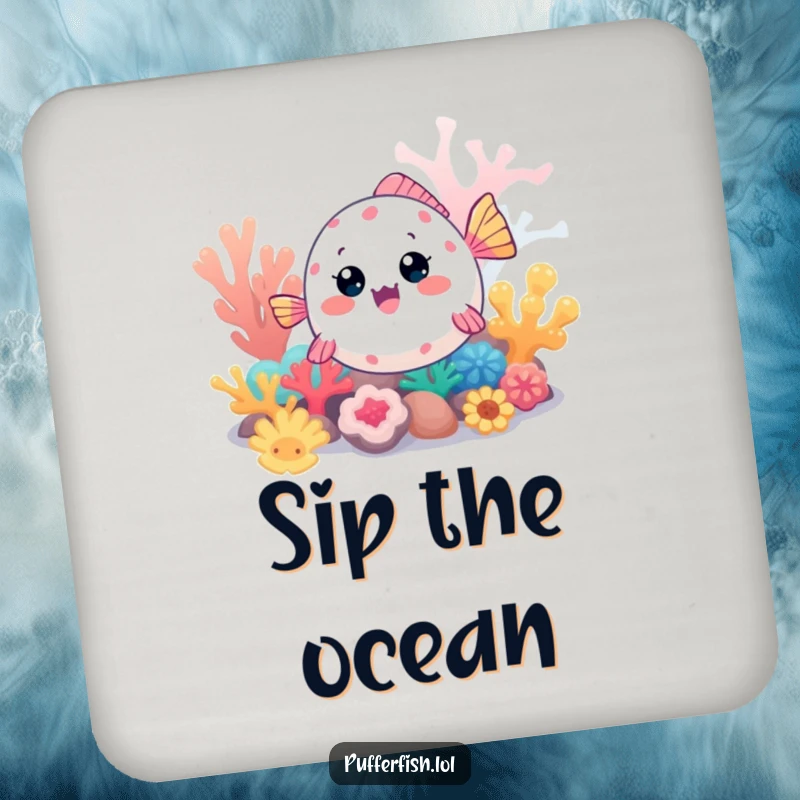 Funny Kawaii pufferfish drink coaster, a cute fish excitedly exploring a colorful coral reef, protecting surfaces with aquatic charm.