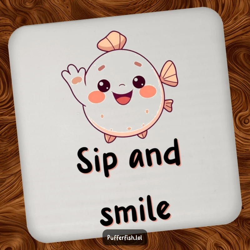 Funny Kawaii pufferfish drink coaster, a cute fish giving a cheerful wave with a big smile, protecting surfaces with a smile.