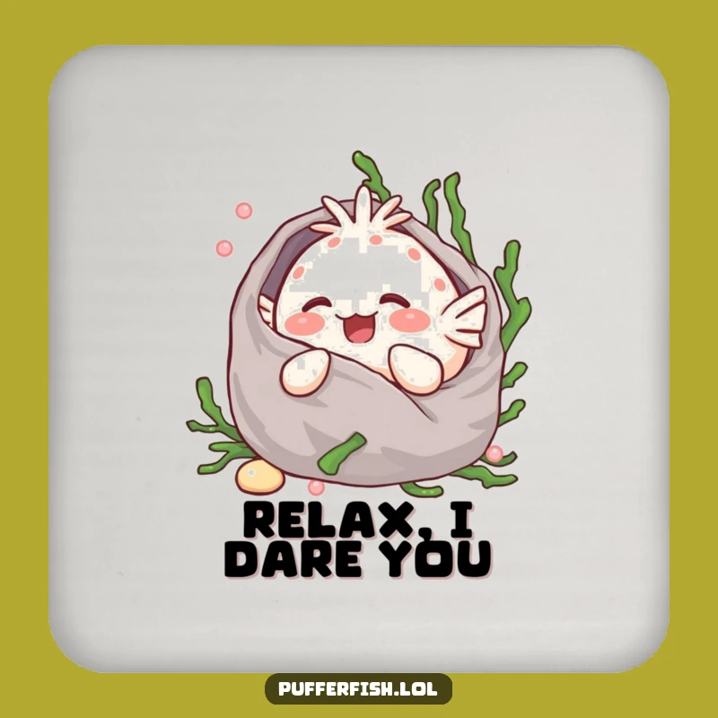 Funny Kawaii Pufferfish Giggling Coaster - Seaweed Blanket Drink Holder - Cute Gift