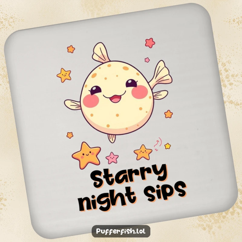 Funny kawaii pufferfish coaster, juggling colorful sea stars, protecting tables with cute ocean charm and talent.