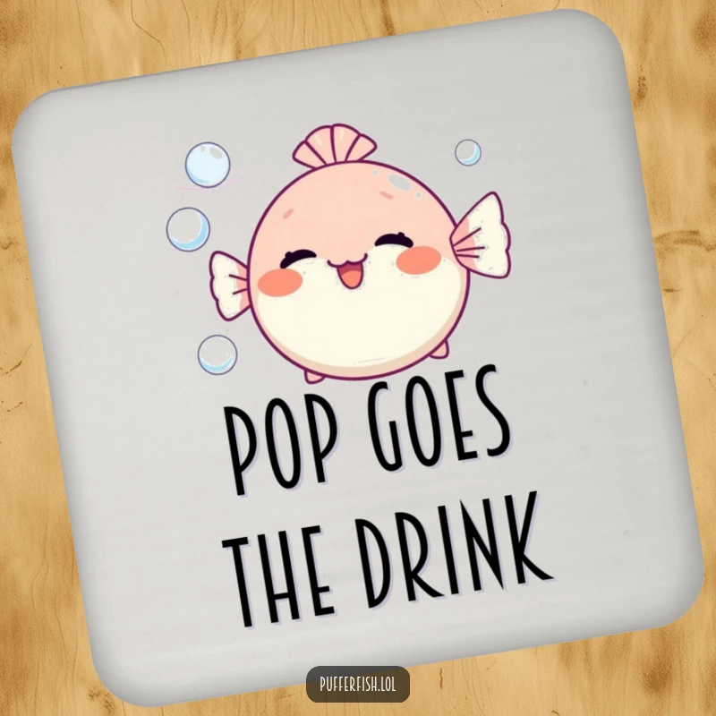 Funny pufferfish drink coaster blowing cheerful bubble rings, protecting surfaces with a touch of underwater whimsy.