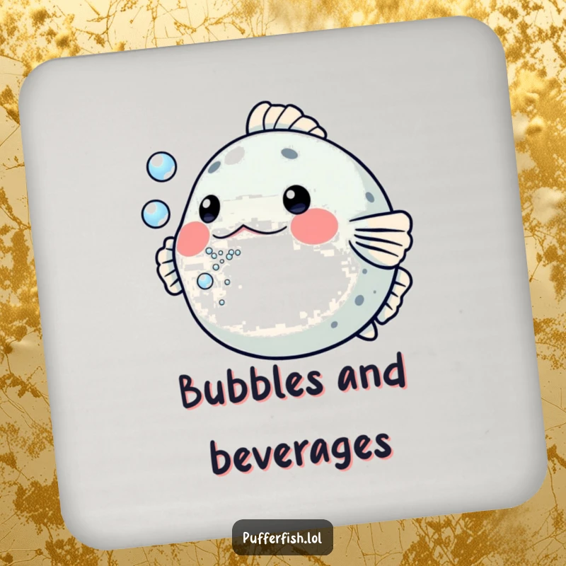 Funny Pufferfish Coaster: A coaster featuring a pufferfish comically blowing a stream of tiny bubbles, perfect for protecting surfaces humorously.